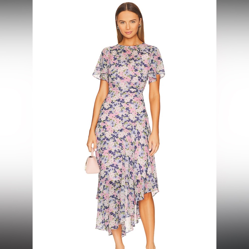 Flutter Sleeve Maxi Dress in Pink & Blue Floral.